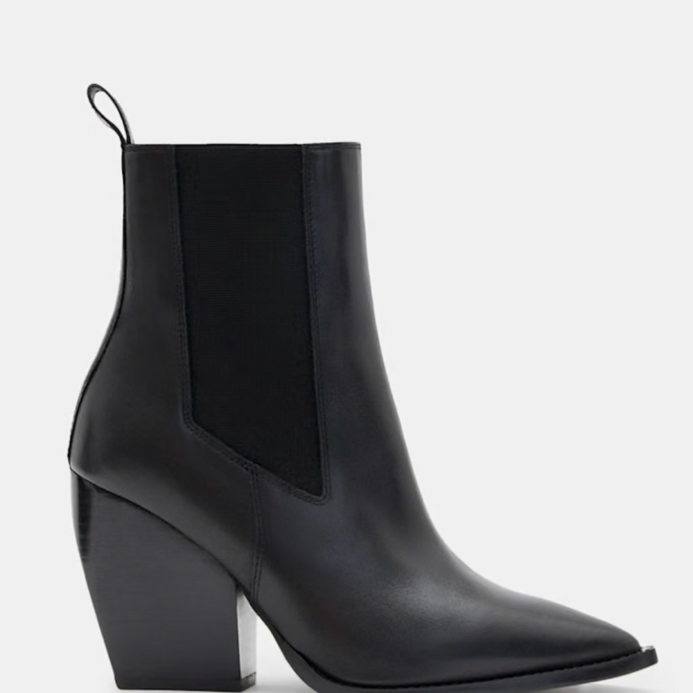 All Saints RIA Black Ankle Boots with Pointed Toe and High Block Heel